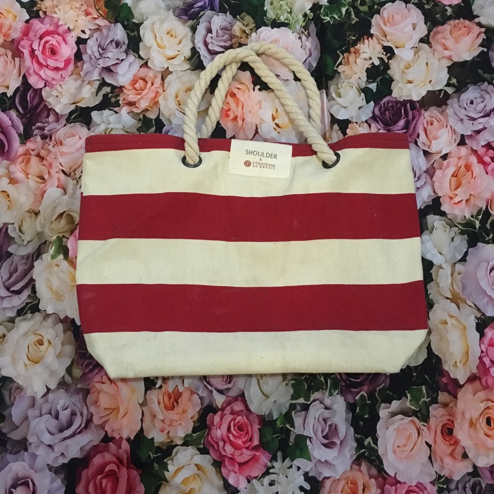 L’Occitane Red & Cream striped canvas tote thick rope straps handles GUC